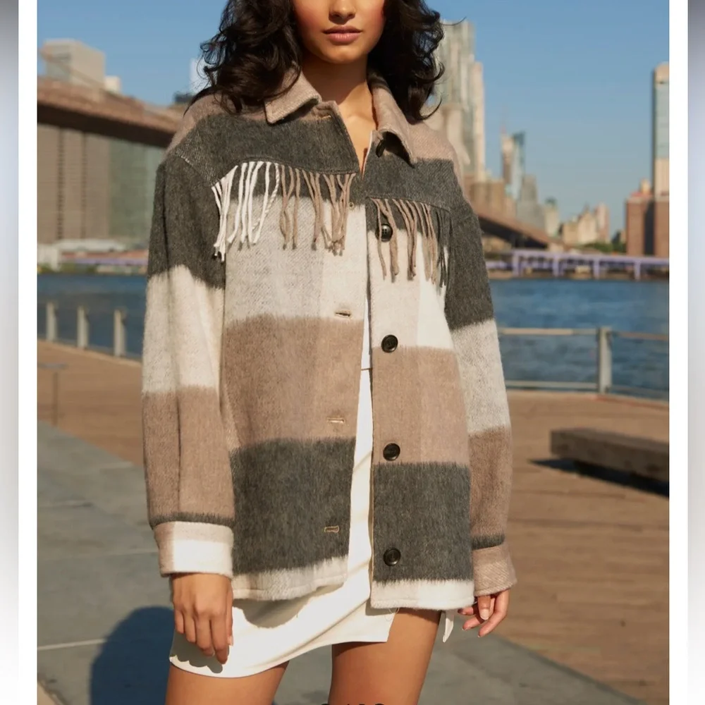Vero Moda Fringe Striped Plaid Shacket Overcoat Oversized - Picture 3 of 6